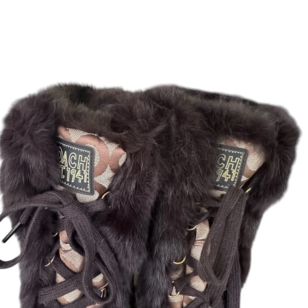 COACH Jennie Signature Quilted Monogram Print Winter Boot Rabbit Fur Trim Size 6